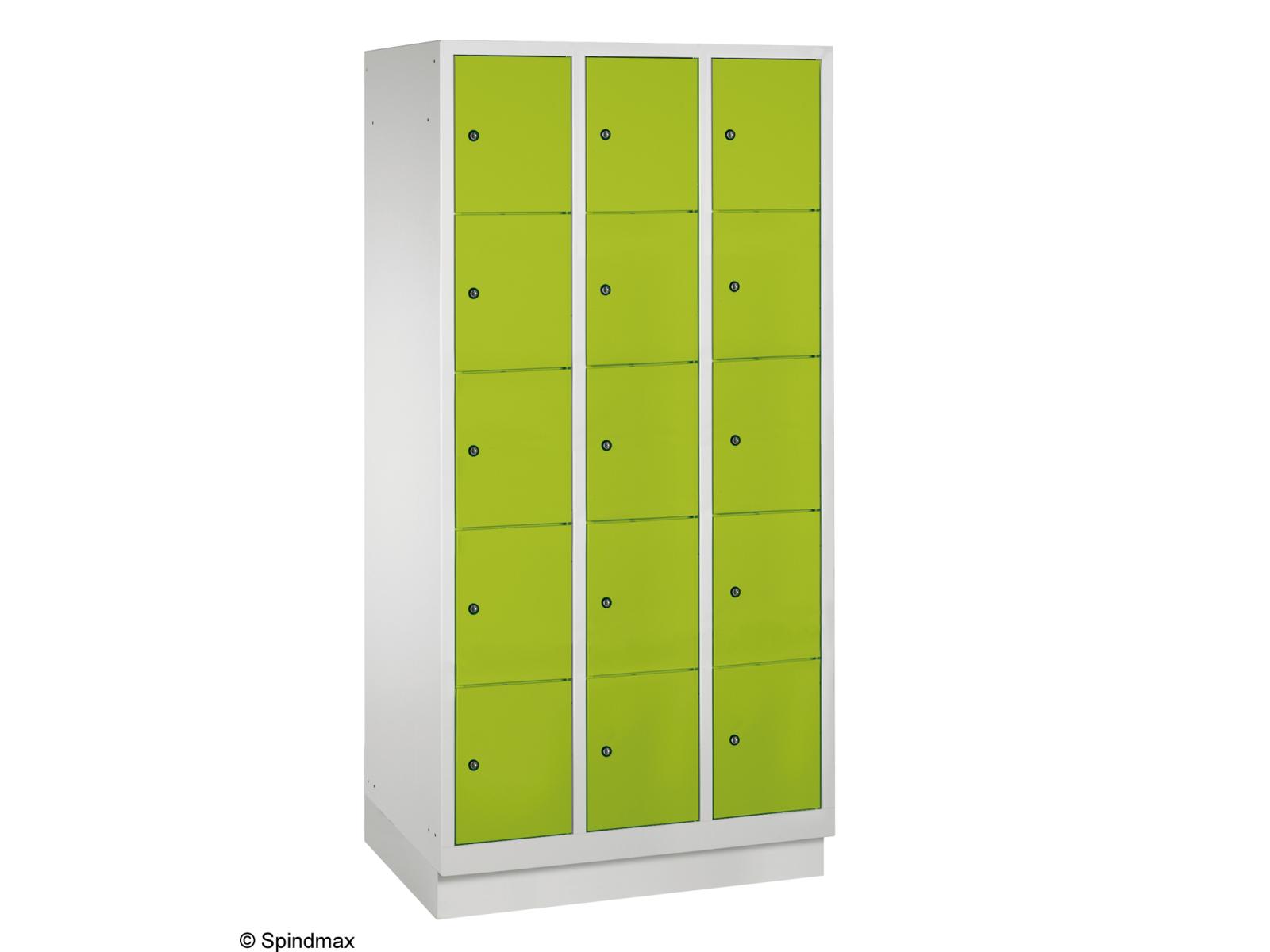 Schließfachschrank Grüne Linie mit Sockel - fünf Fächer übereinander - 3 Abteile 300mm Abteilbreite