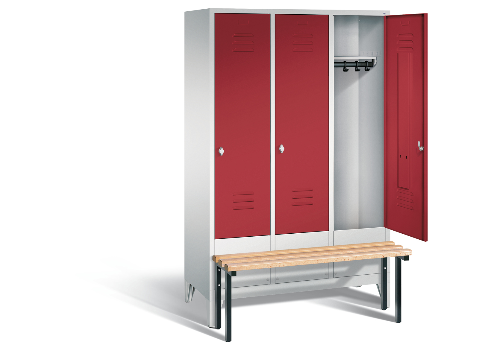 Spind S2000 Classic mit vorgebauter Sitzbank - 3 Abteile 400mm Abteilbreite
