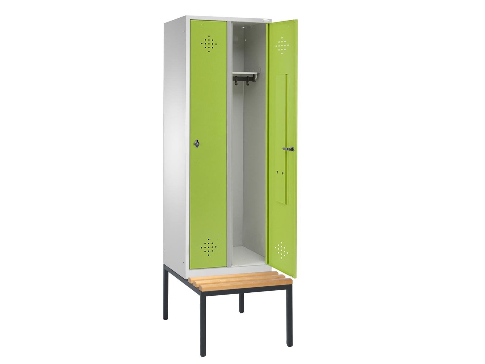 Spind Grüne Linie mit Sitzbankuntergestell - 2 Abteile 300mm Abteilbreite