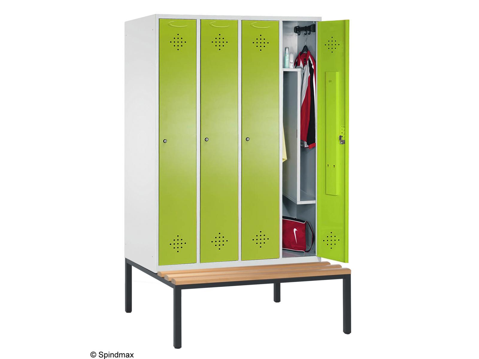 Spind Grüne Linie mit Sitzbankuntergestell - mit Z-Inneneinteilung - 4 Abteilen 300mm Abteilbreite