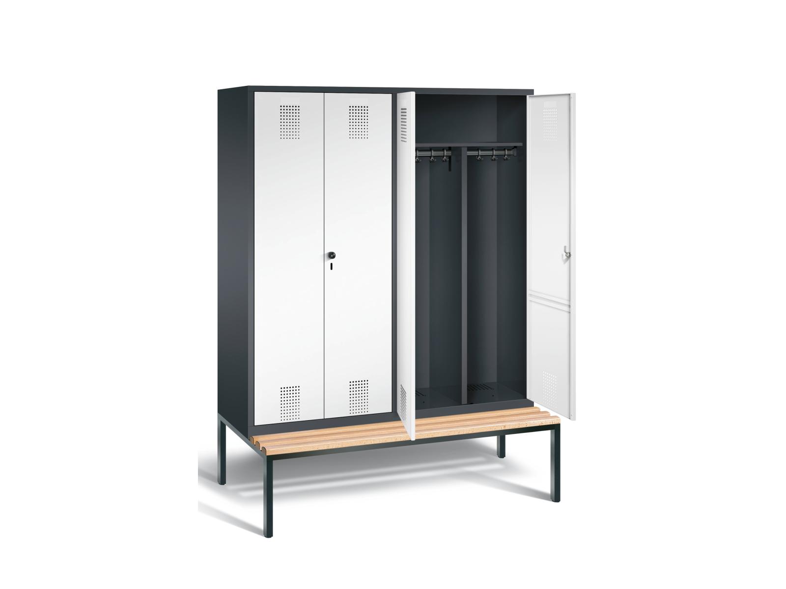 Spind nach Arbeitsstättenrichtlinien S3000 Evolo mit Sitzbankuntergestell - für 2 Personen 4x400mm Abteilbreite
