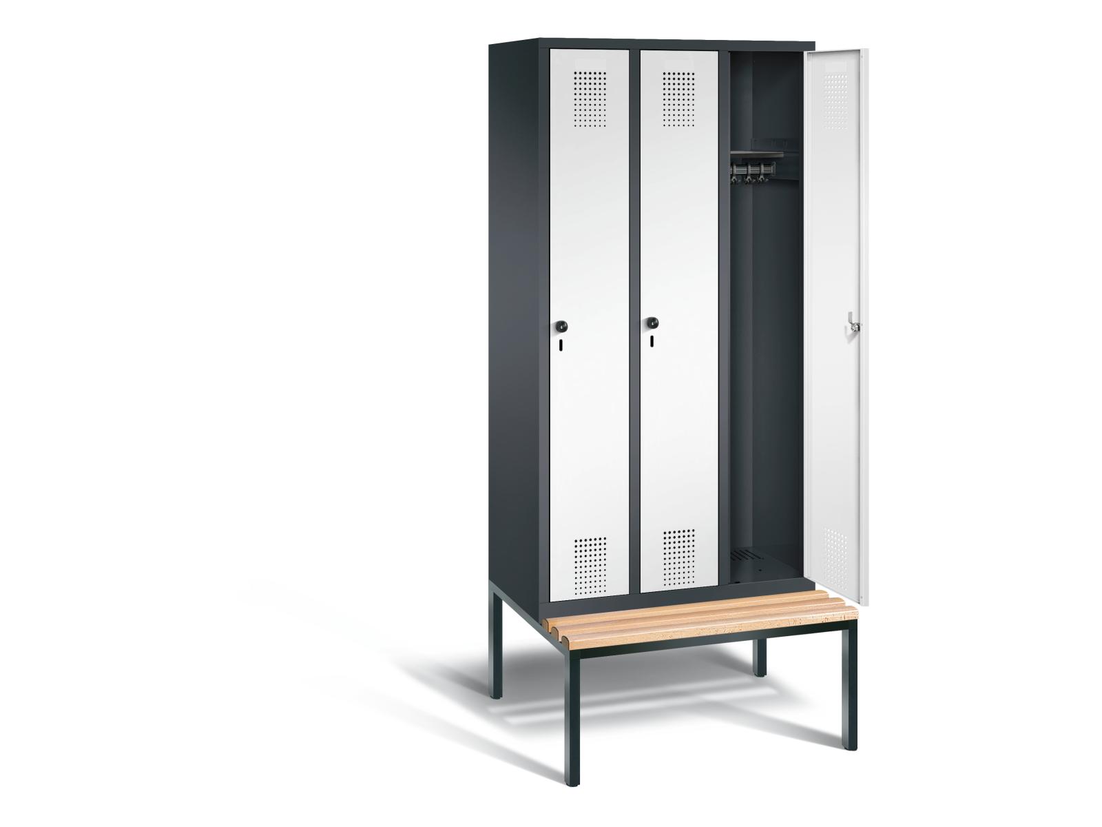 Spind S3000 Evolo mit Sitzbankuntergestell - 3 Abteile 300mm Abteilbreite