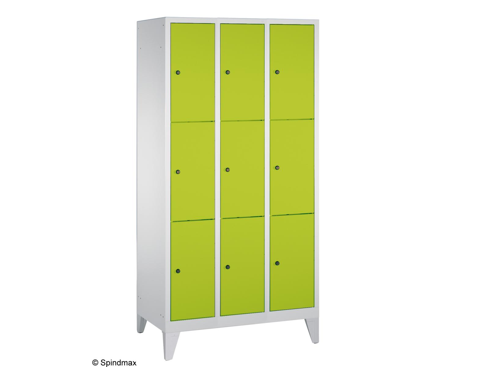 Schließfachschrank Grüne Linie mit Füßen - drei Fächer übereinander - 3 Abteile 300mm Abteilbreite