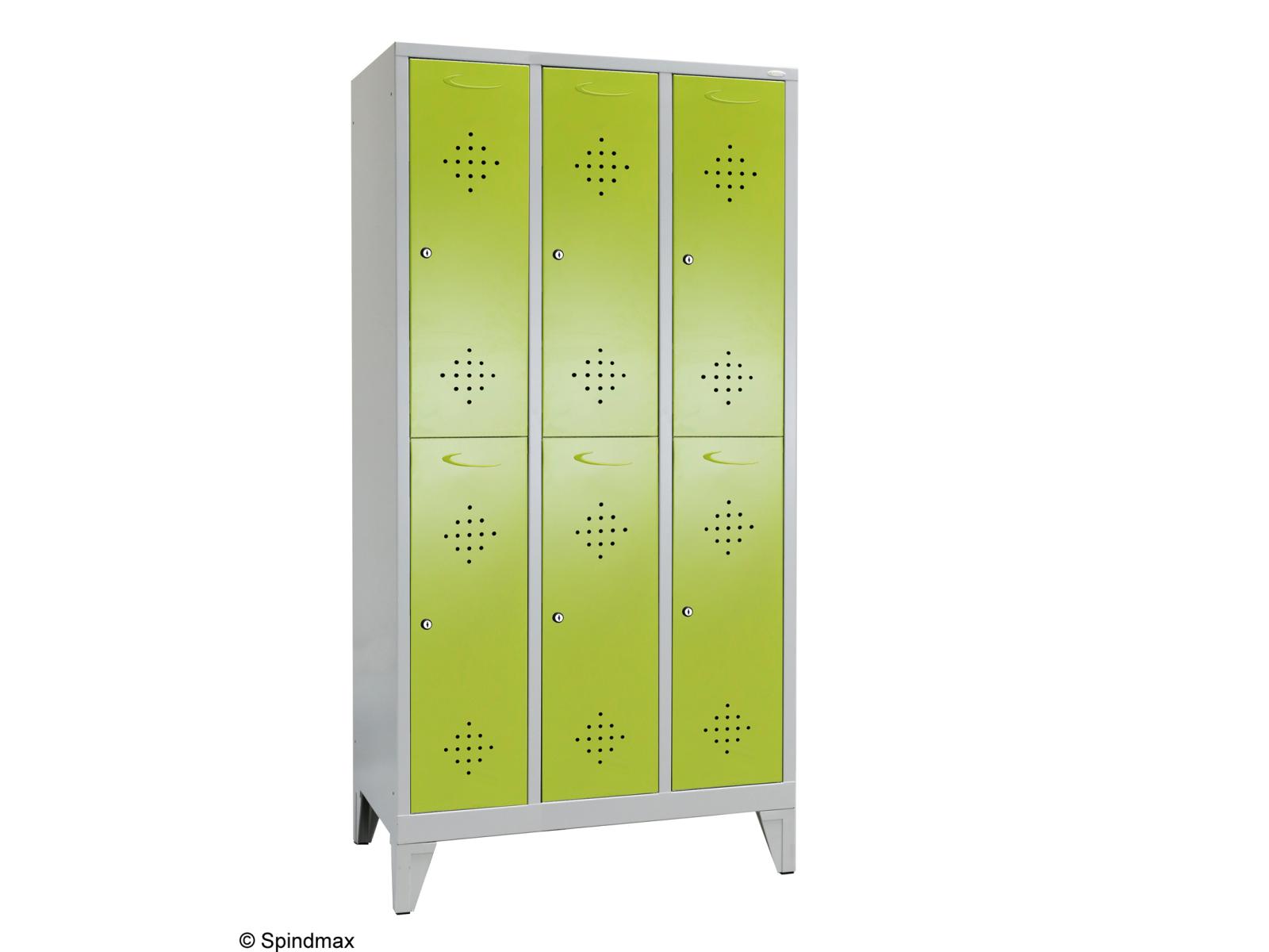 Spind doppelstöckig Grüne Linie mit Füßen - 3 Abteile 400mm Abteilbreite