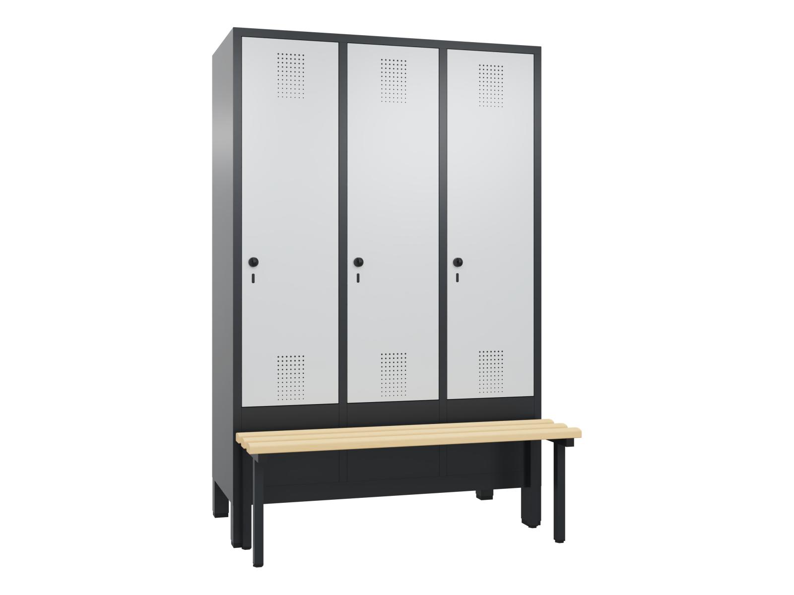 Spind S3000 Evolo mit vorgebauter Sitzbank - 3 Abteile 400mm Abteilbreite