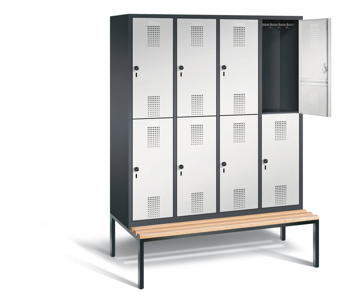 Spind doppelstöckig S3000 Evolo mit Sitzbankuntergestell - 4 Abteile 400mm Abteilbreite