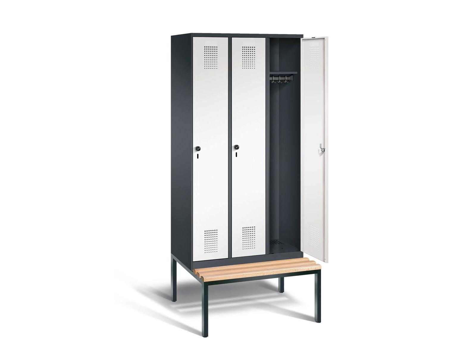 Spind S3000 Evolo mit Sitzbankuntergestell - 3 Abteile 300mm Abteilbreite