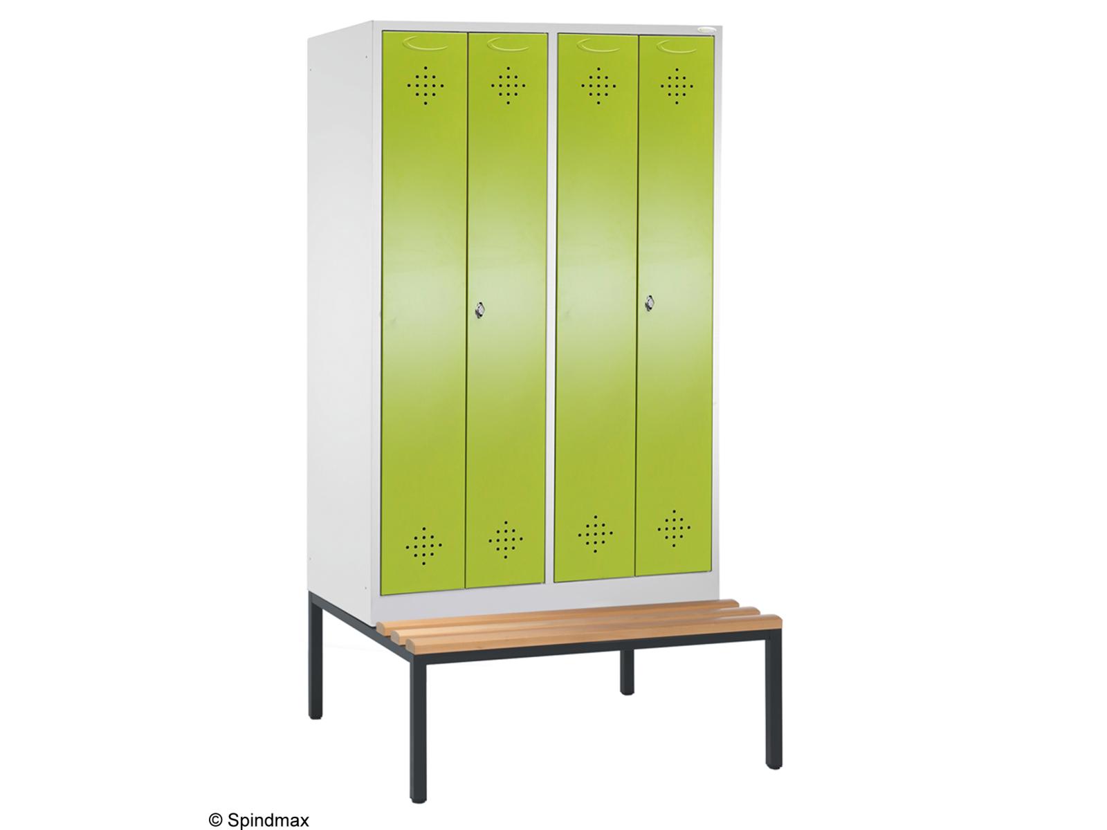 Spind nach Arbeitsstättenrichtlinien Grüne Linie mit Sitzbankuntergestell - Für 2 Person 4x300mm Abteilbreite