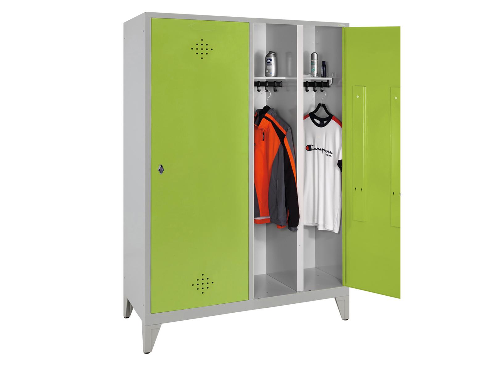 Spind nach Arbeitsstättenrichtlinien Grüne Linie mit Füßen - für 2 Personen 4x300mm Abteilbreite