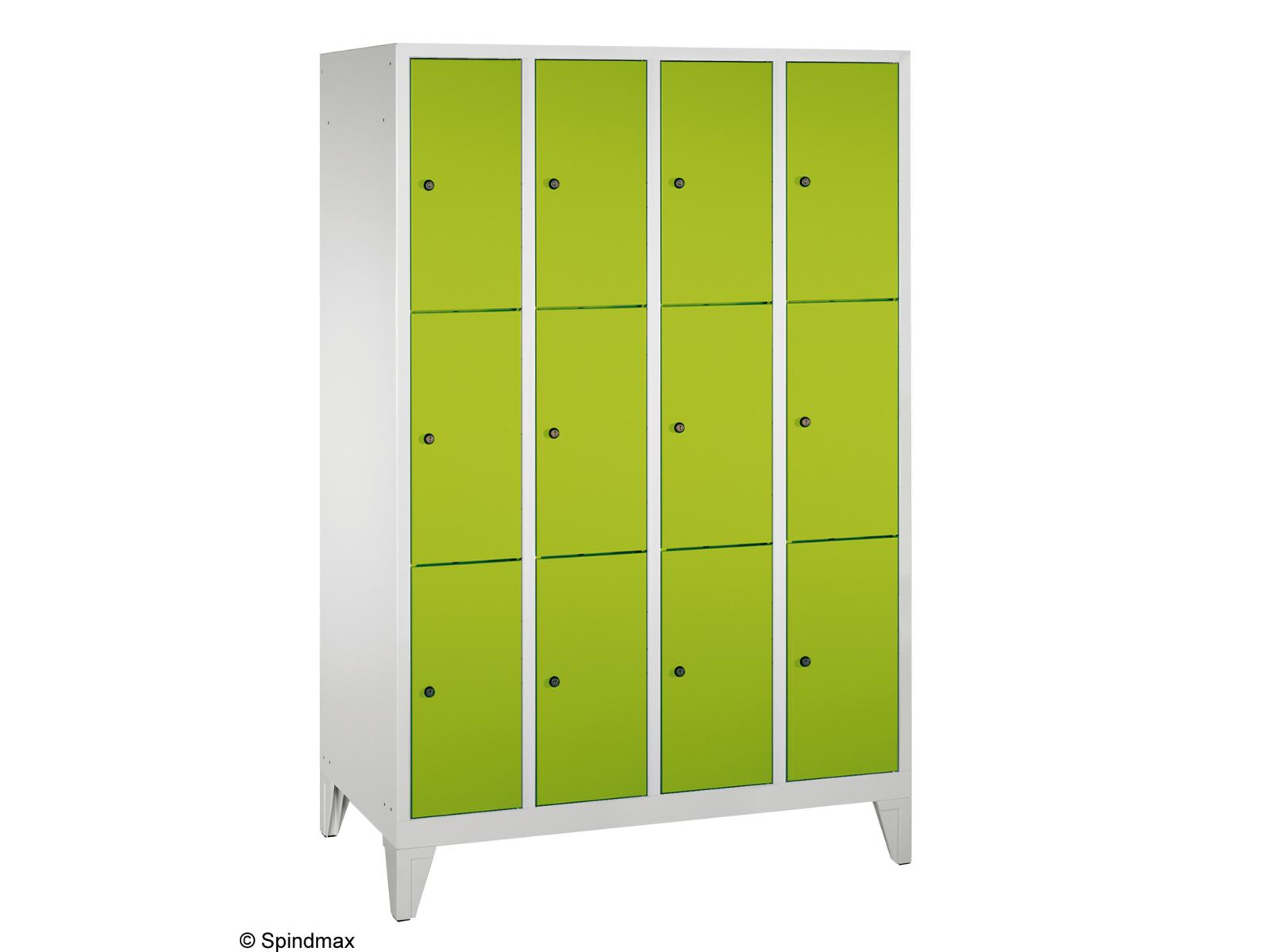Schließfachschrank Grüne Linie mit Füßen - drei Fächer übereinander - 4 Abteile 300mm Abteilbreite