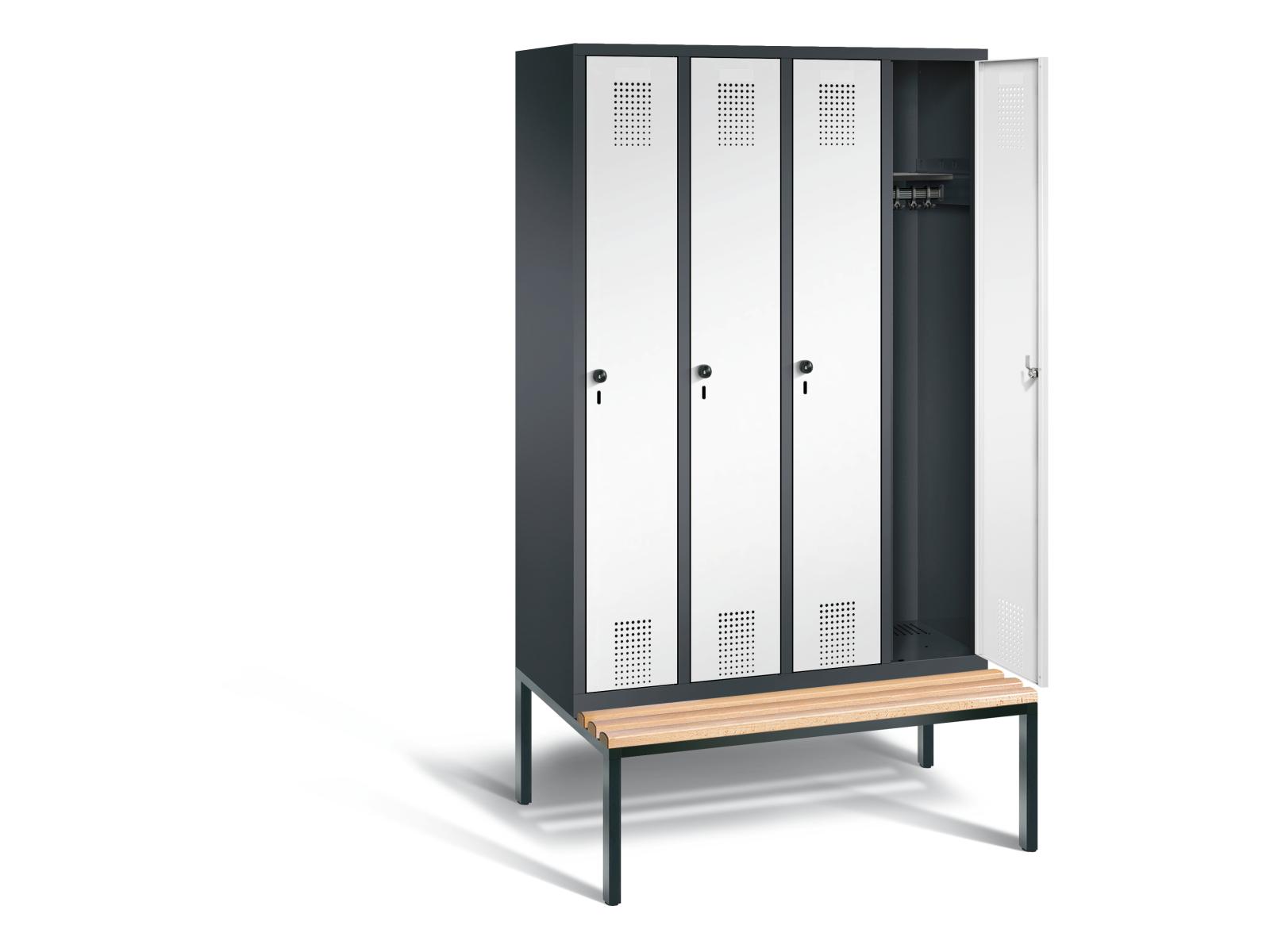 Spind S3000 Evolo mit Sitzbankuntergestell - 4 Abteile+ 300mm Abteilbreite