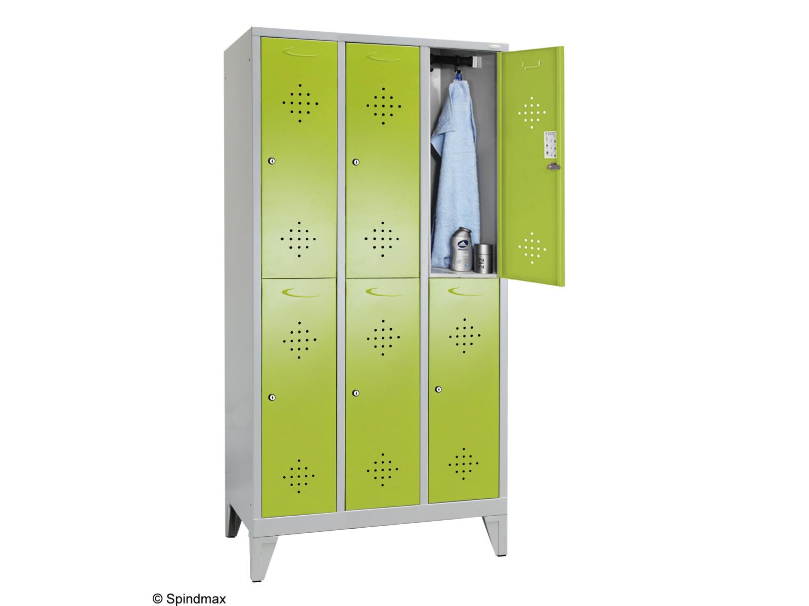 Spind doppelstöckig Grüne Linie mit Füßen - 3 Abteile 400mm Abteilbreite