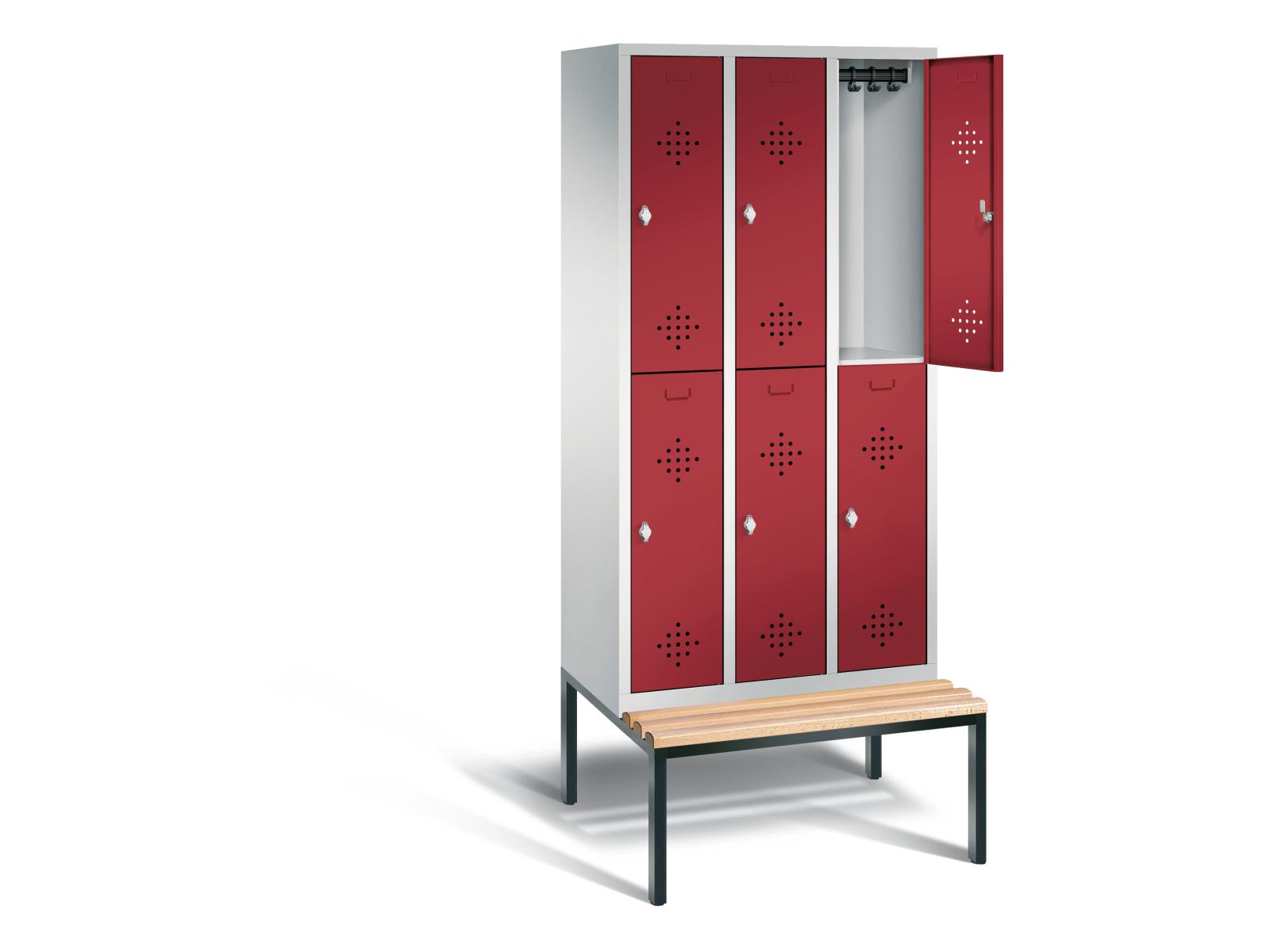 Spind doppelstöckig S2000 Classic mit Sitzbankuntergestell - 3 Abteile 300mm Abteilbreite