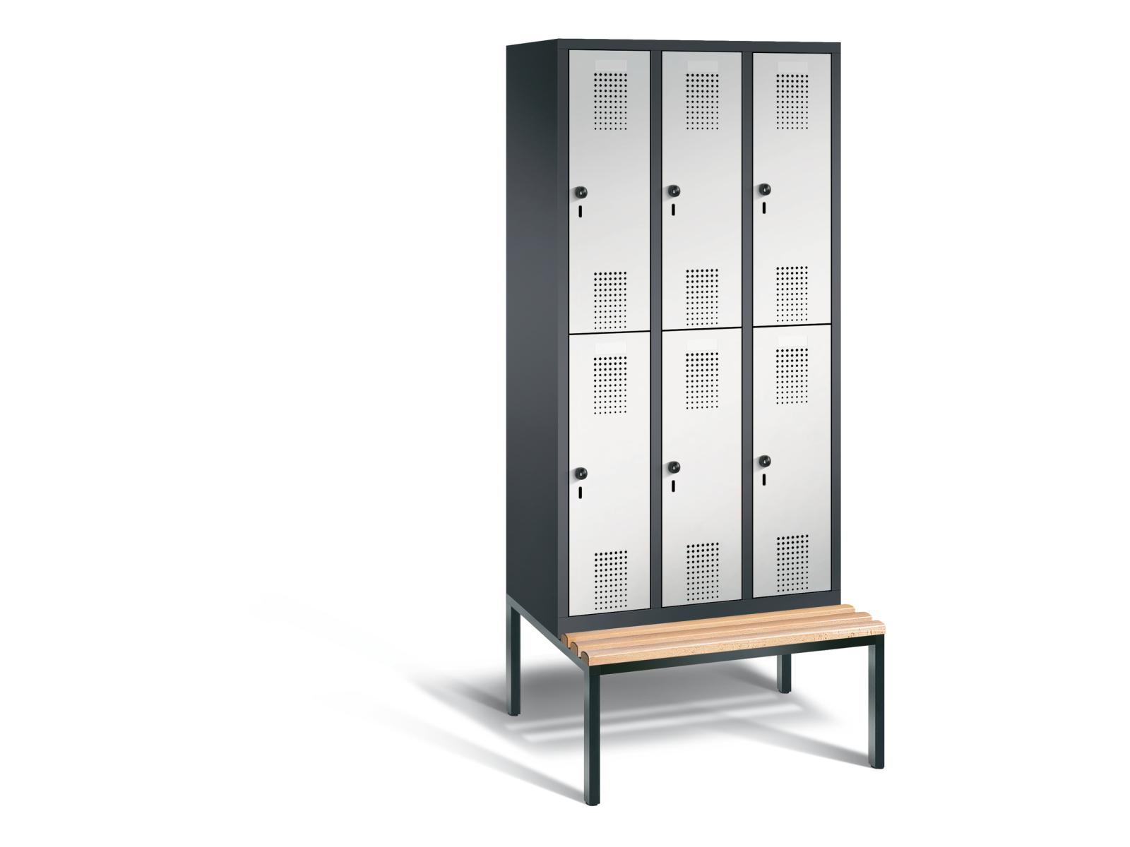 Spind doppelstöckig S3000 Evolo mit Sitzbankuntergestell - 3 Abteile 300mm Abteilbreite