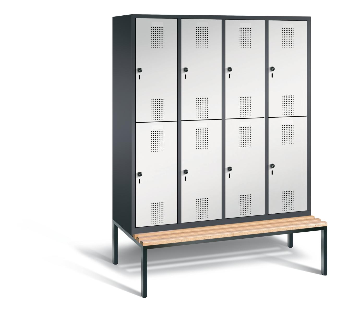 Spind doppelstöckig S3000 Evolo mit Sitzbankuntergestell - 4 Abteile 400mm Abteilbreite