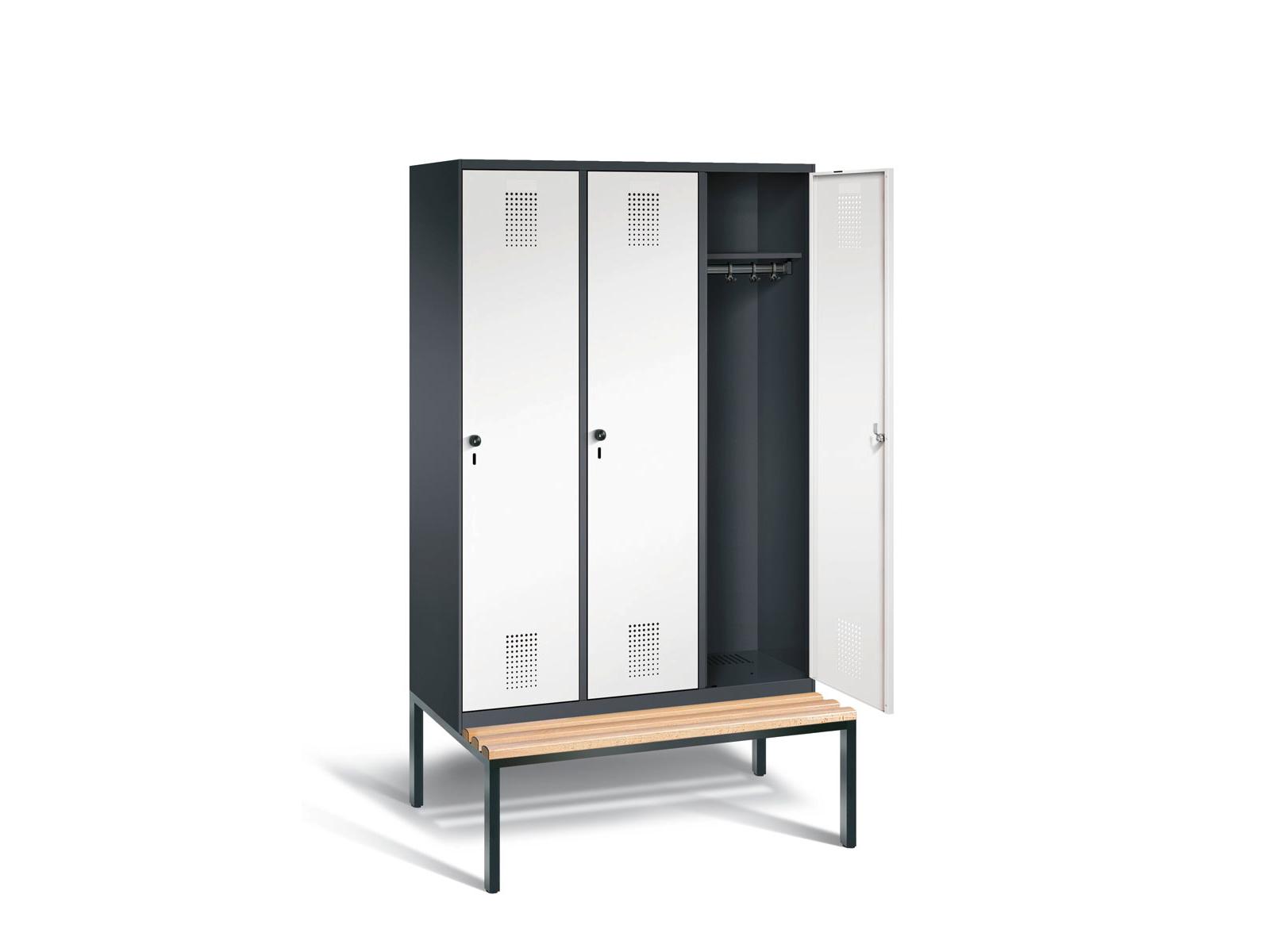 Spind S3000 Evolo mit Sitzbankuntergestell - 3 Abteile 400mm Abteilbreite