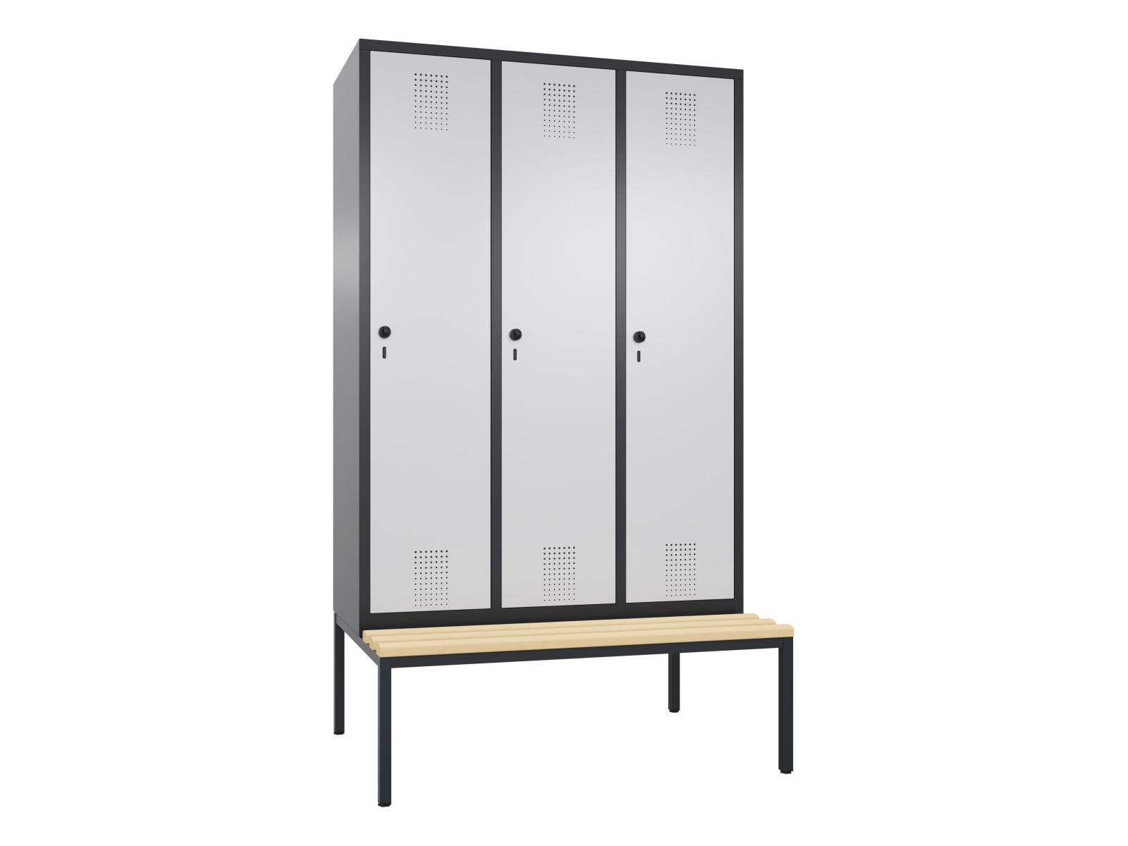 Spind S3000 Evolo mit Sitzbankuntergestell - 3 Abteile 400mm Abteilbreite