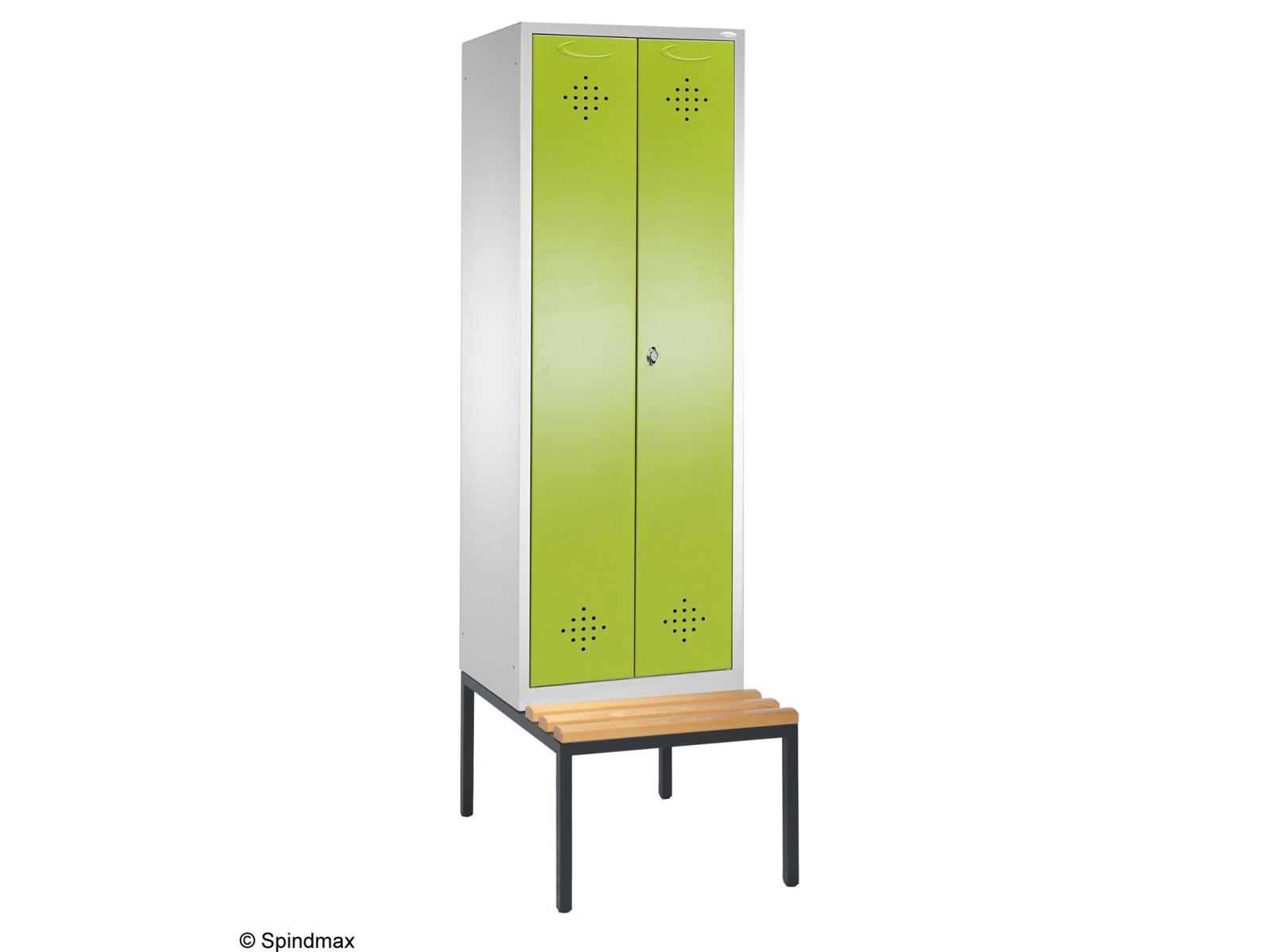 Spind nach Arbeitsstättenrichtlinien Grüne Linie mit Sitzbankuntergestell - Für 1 Person 2x400mm Abteilbreite