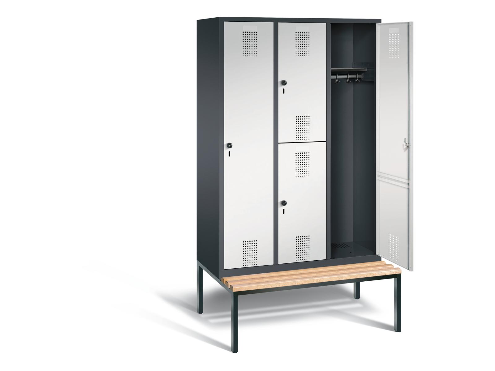 Spind Kombinationsschränke S3000 Evolo mit Sitzbankuntergestell - 3 Abteile und 4 Fächer 400mm Abteilbreite