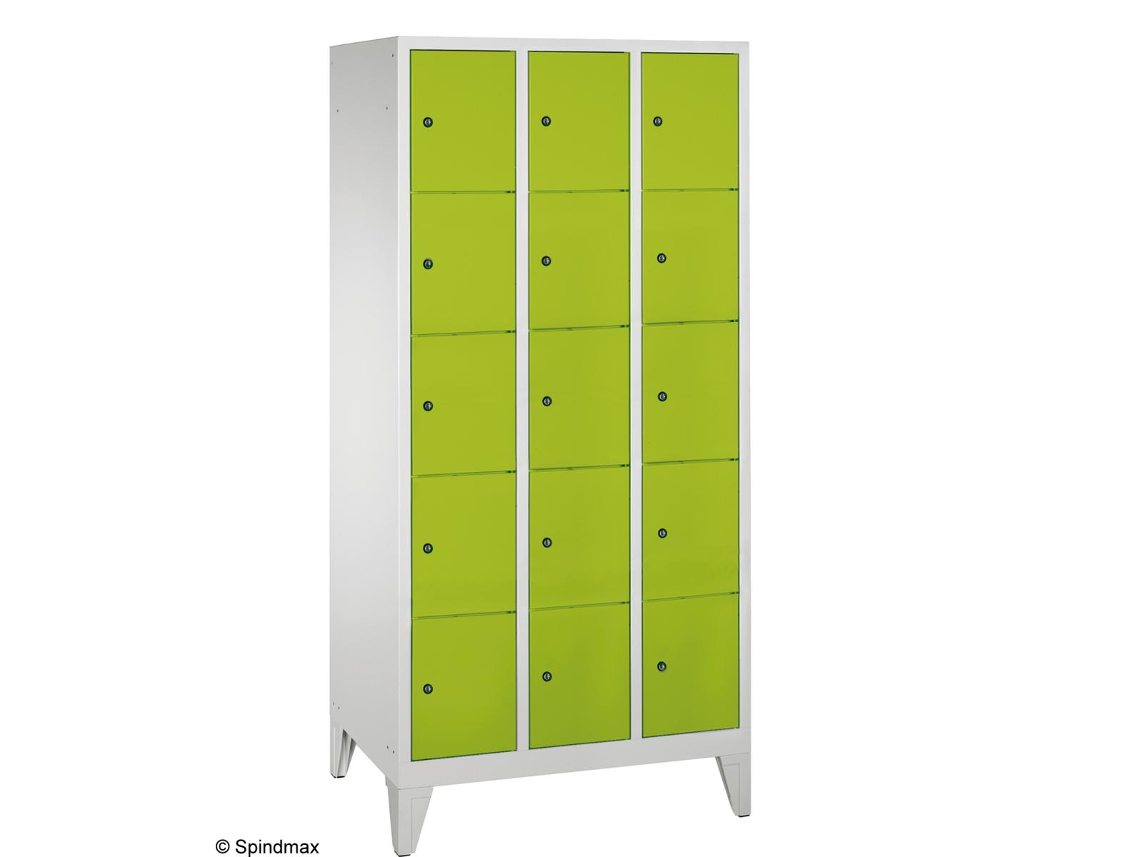 Schließfachschrank Grüne Linie mit Füßen - fünf Fächer übereinander - 3 Abteile 300mm Abteilbreite