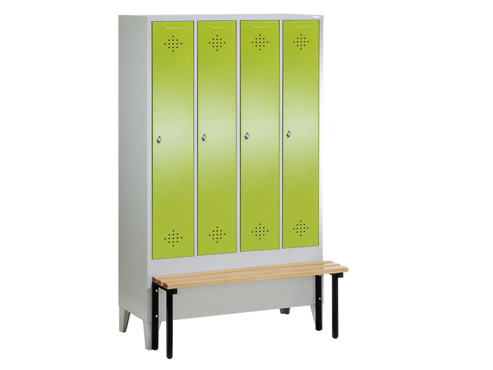 Spind Grüne Linie mit vorgebauter Sitzbank - 4 Abteile 300mm Abteilbreite