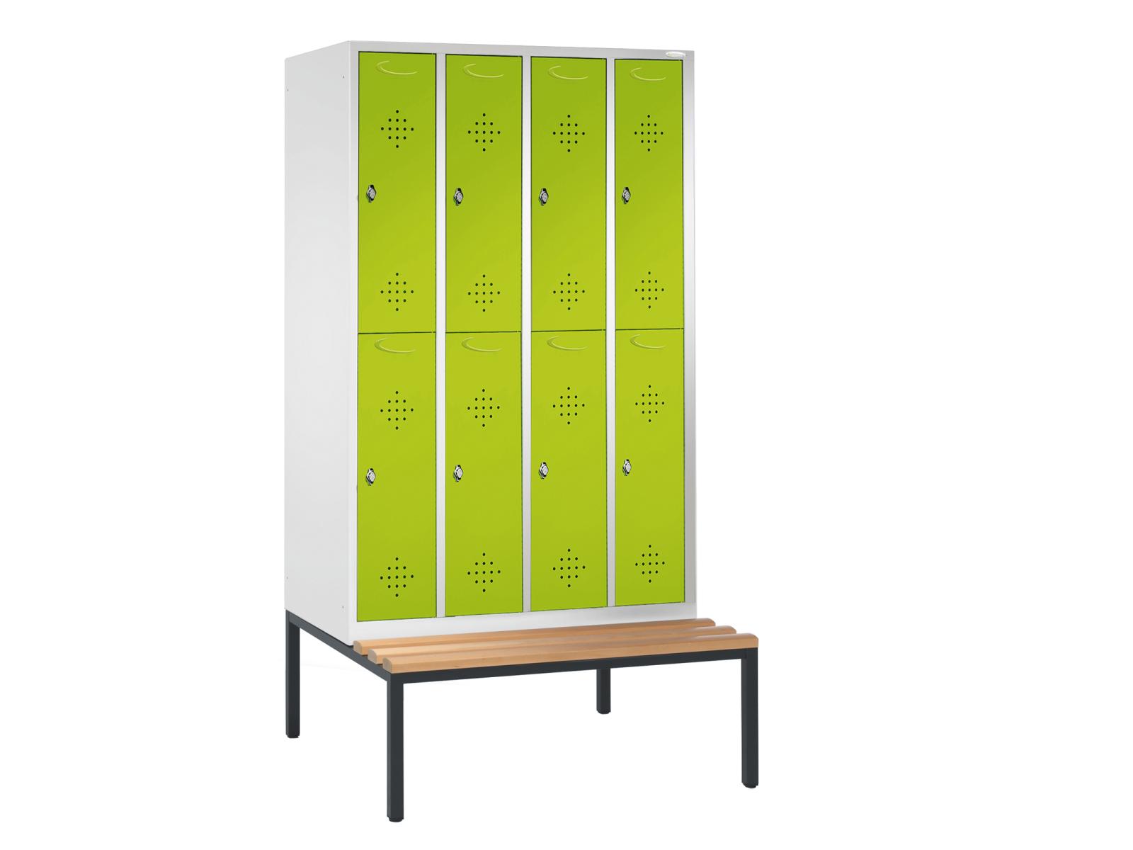 Spind doppelstöckig Grüne Linie mit Sitzbankuntergestell - 4 Abteile 300mm Abteilbreite