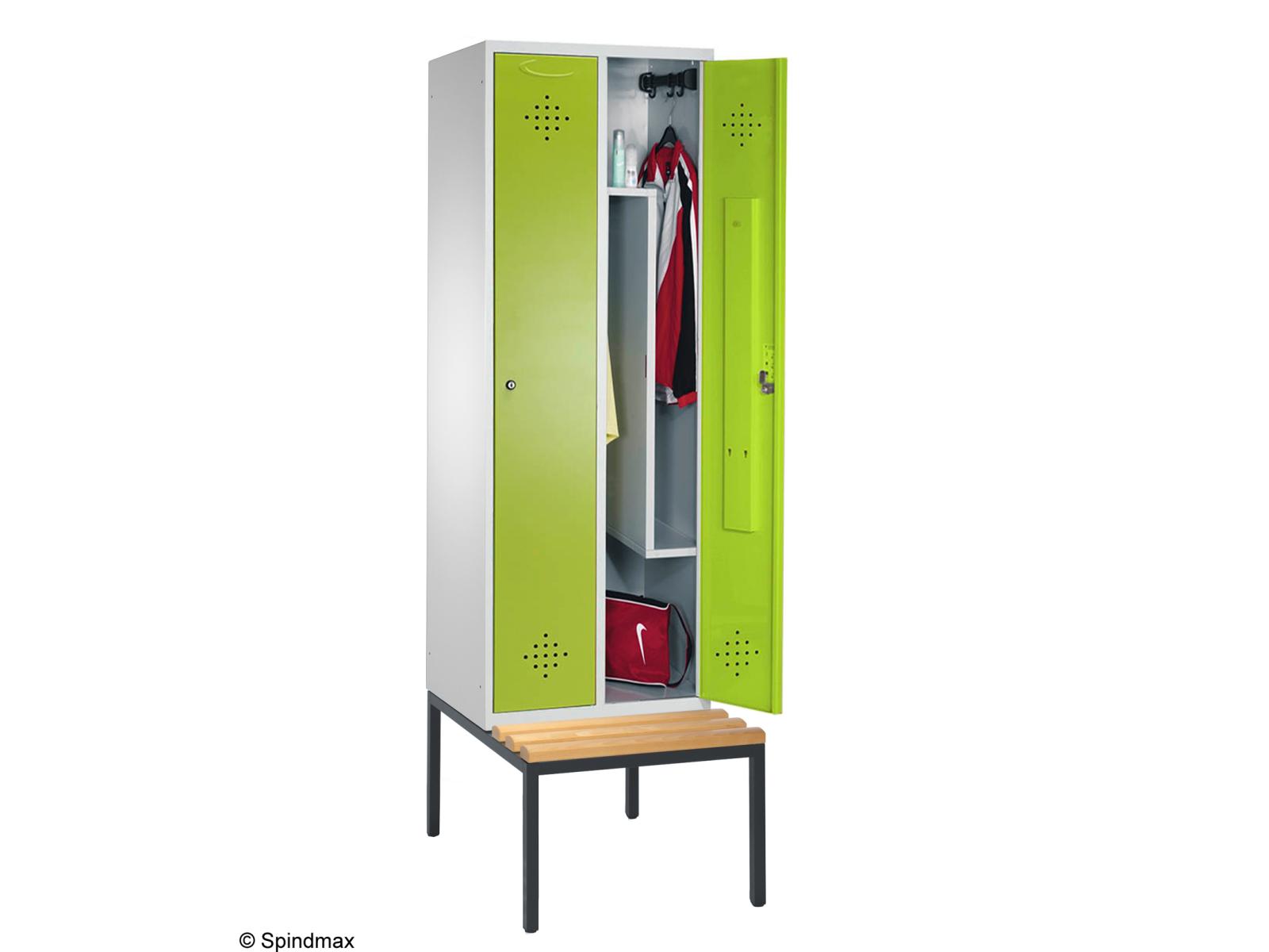 Spind Grüne Linie mit Sitzbankuntergestell - mit Z-Inneneinteilung - 2 Abteile 300mm Abteilbreite