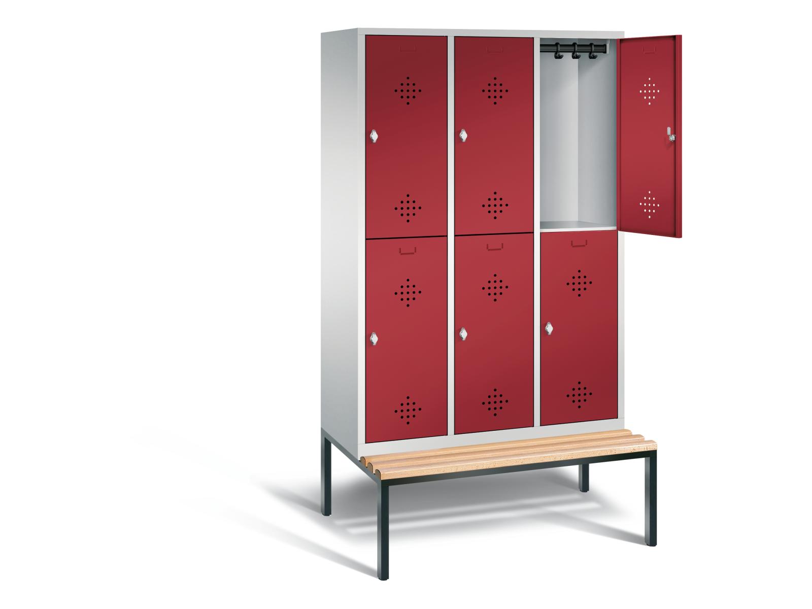 Spind doppelstöckig S2000 Classic mit Sitzbankuntergestell - 3 Abteile 400mm Abteilbreite