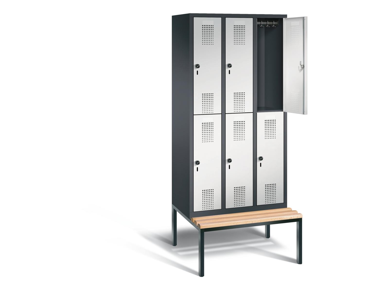 Spind doppelstöckig S3000 Evolo mit Sitzbankuntergestell - 3 Abteile 300mm Abteilbreite