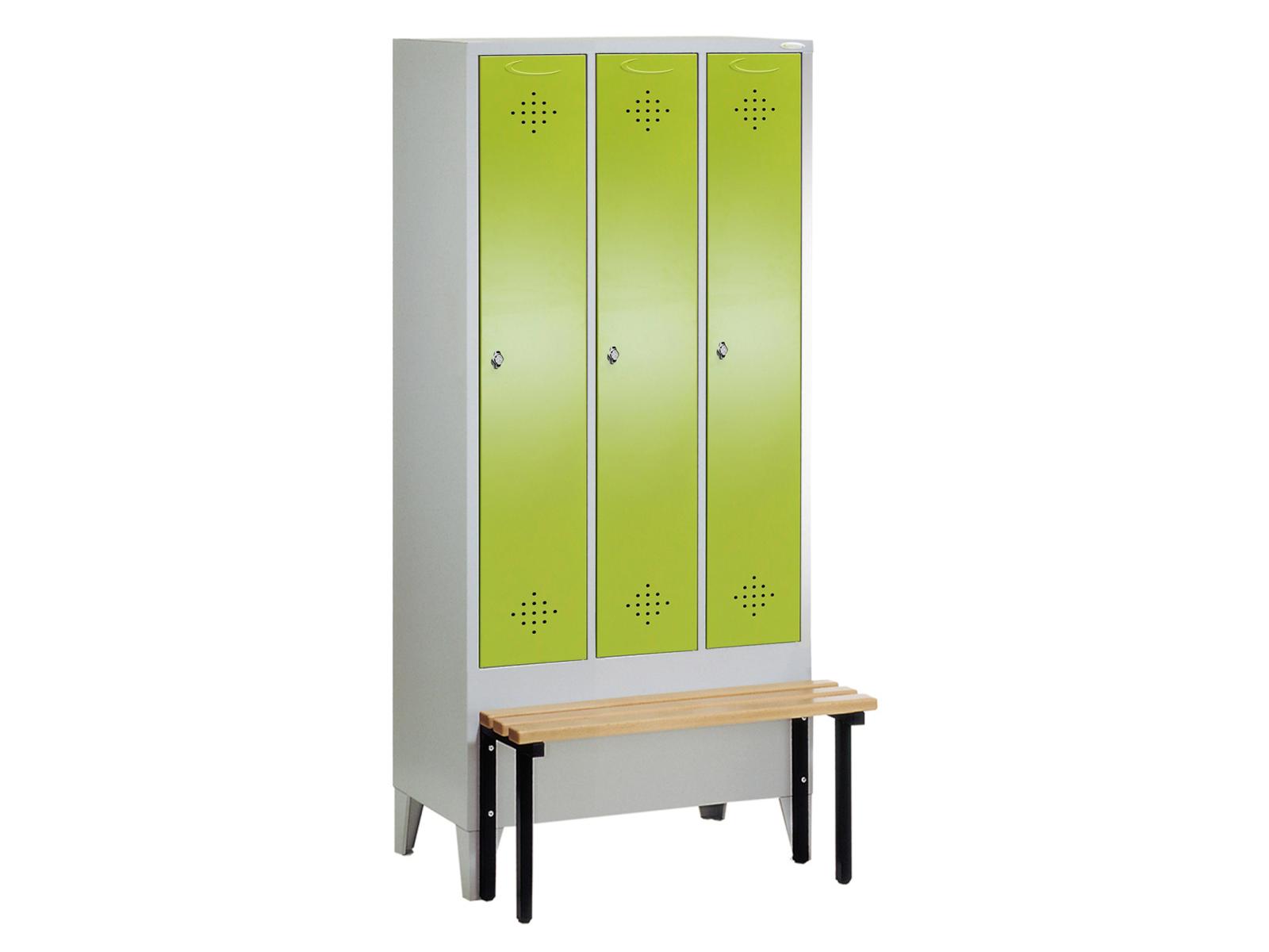 Spind Grüne Linie mit vorgebauter Sitzbank - 3 Abteile 300mm Abteilbreite