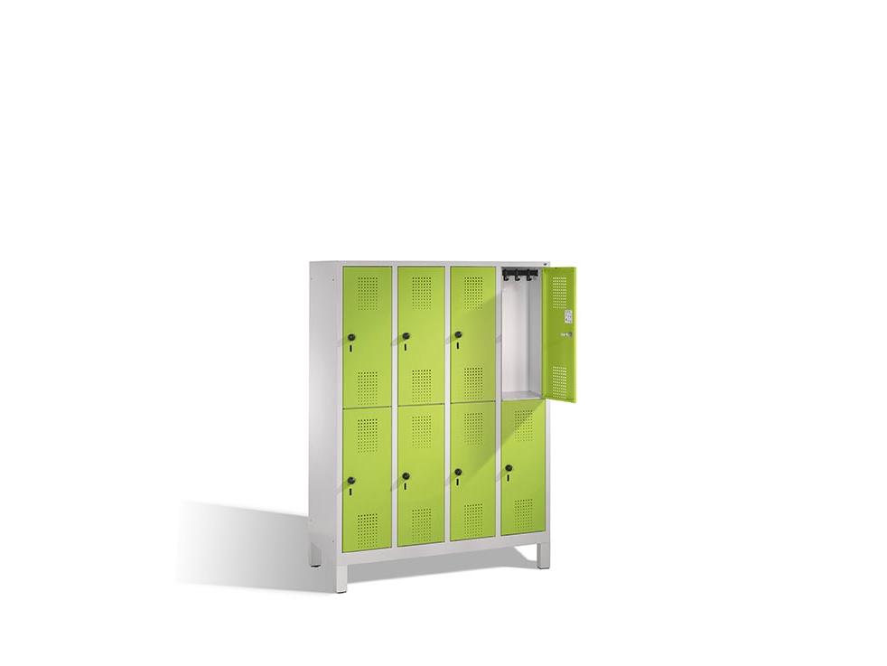 Spind Leon - Garderobenschrank unterteilt für Grundschulen mit Füßen - 4 Abteile / 8 Fächer