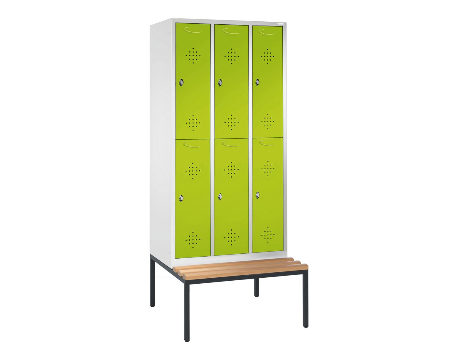 Spind doppelstöckig Grüne Linie mit Sitzbankuntergestell - 3 Abteile 300mm Abteilbreite