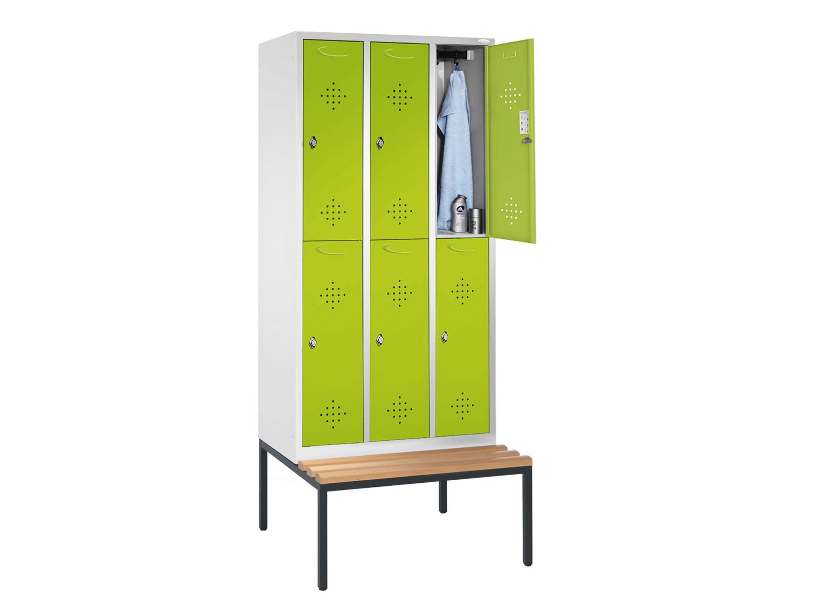 Spind doppelstöckig Grüne Linie mit Sitzbankuntergestell - 3 Abteile 300mm Abteilbreite