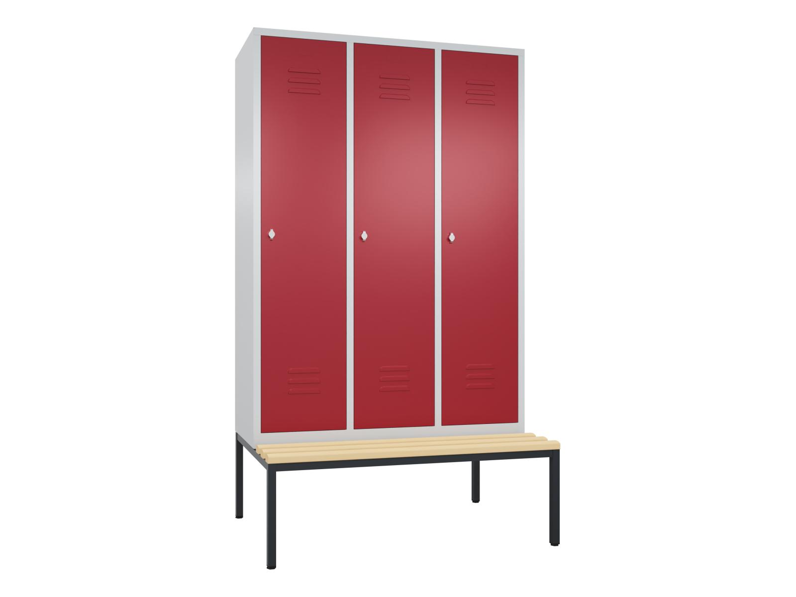 Spind S2000 Classic mit Sitzbankuntergestell - 3 Abteilen 400mm Abteilbreite